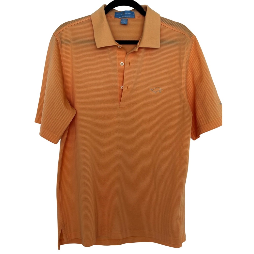 Fairway‎ & Green Mens Gozzer Ranch Logo Golf Polo Coral Stripe Sz M Money preppy